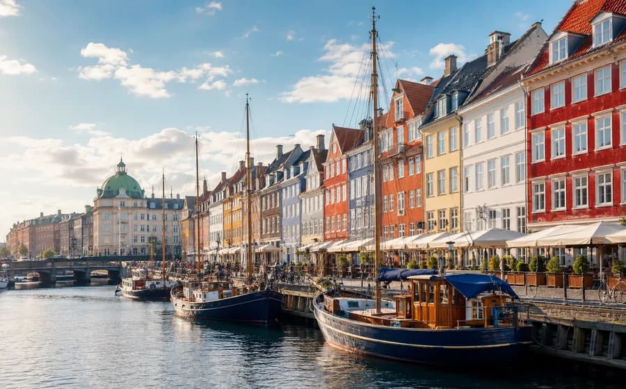 Copenhagen-style Danish canal waterfront with colorful buildings, boats and a bicycle