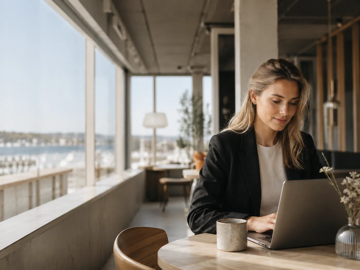 Professional working from a Nordic-style workspace with laptop