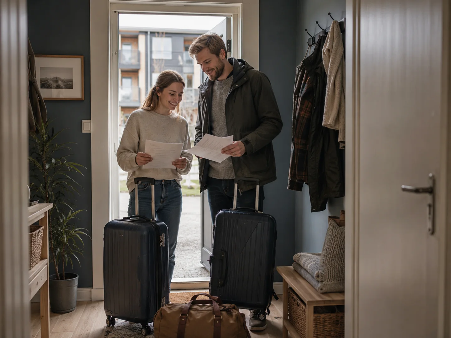 Couple arriving at a Nordic home with luggage and documents