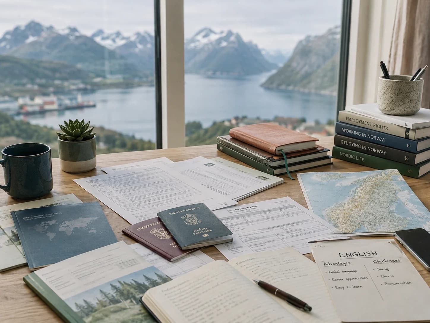 Nordic research desk with maps, reports and source notes