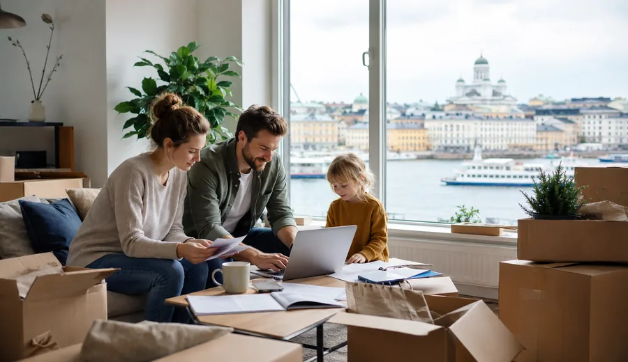 Couple planning a Finland relocation with documents and Helsinki harbour beyond