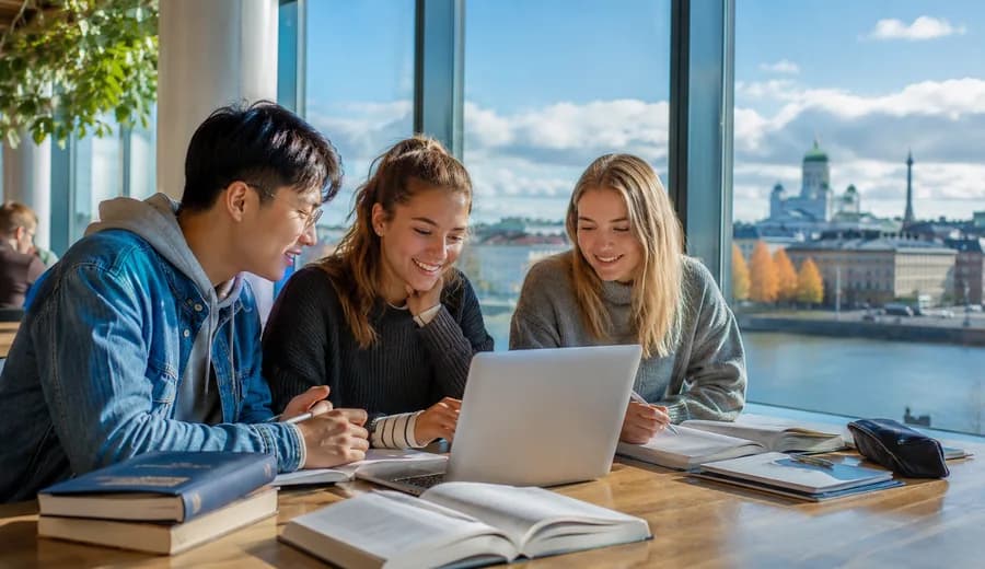 International group working together with a Finnish city view in the background