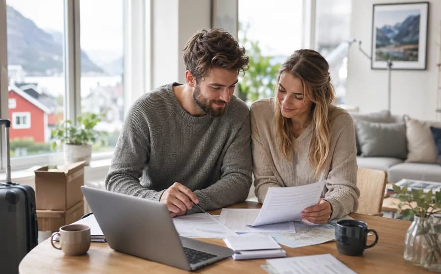 Couple organising documents and practical steps for a Nordic relocation
