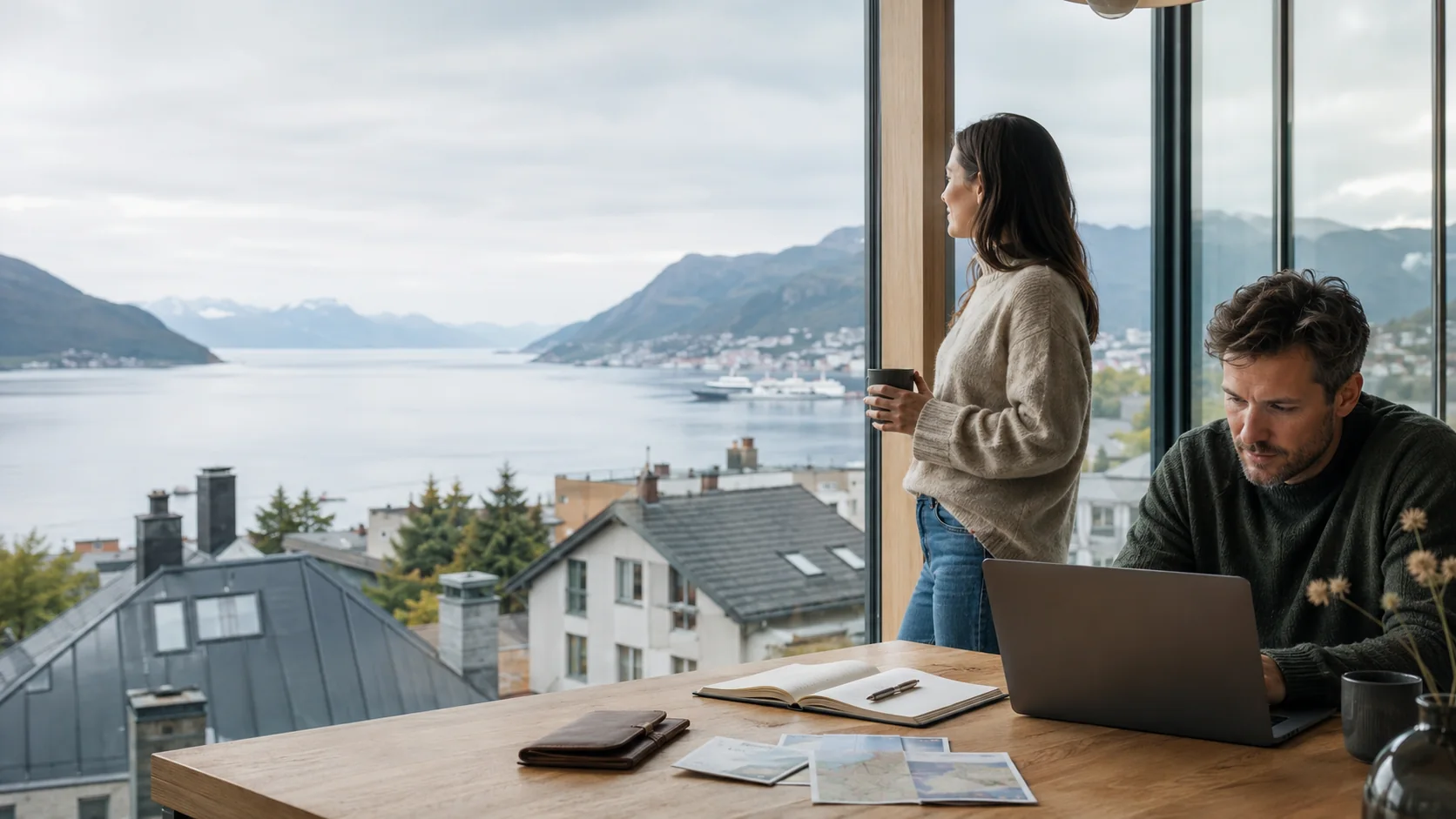 International couple planning Nordic work, travel and relocation from a fjord-side home
