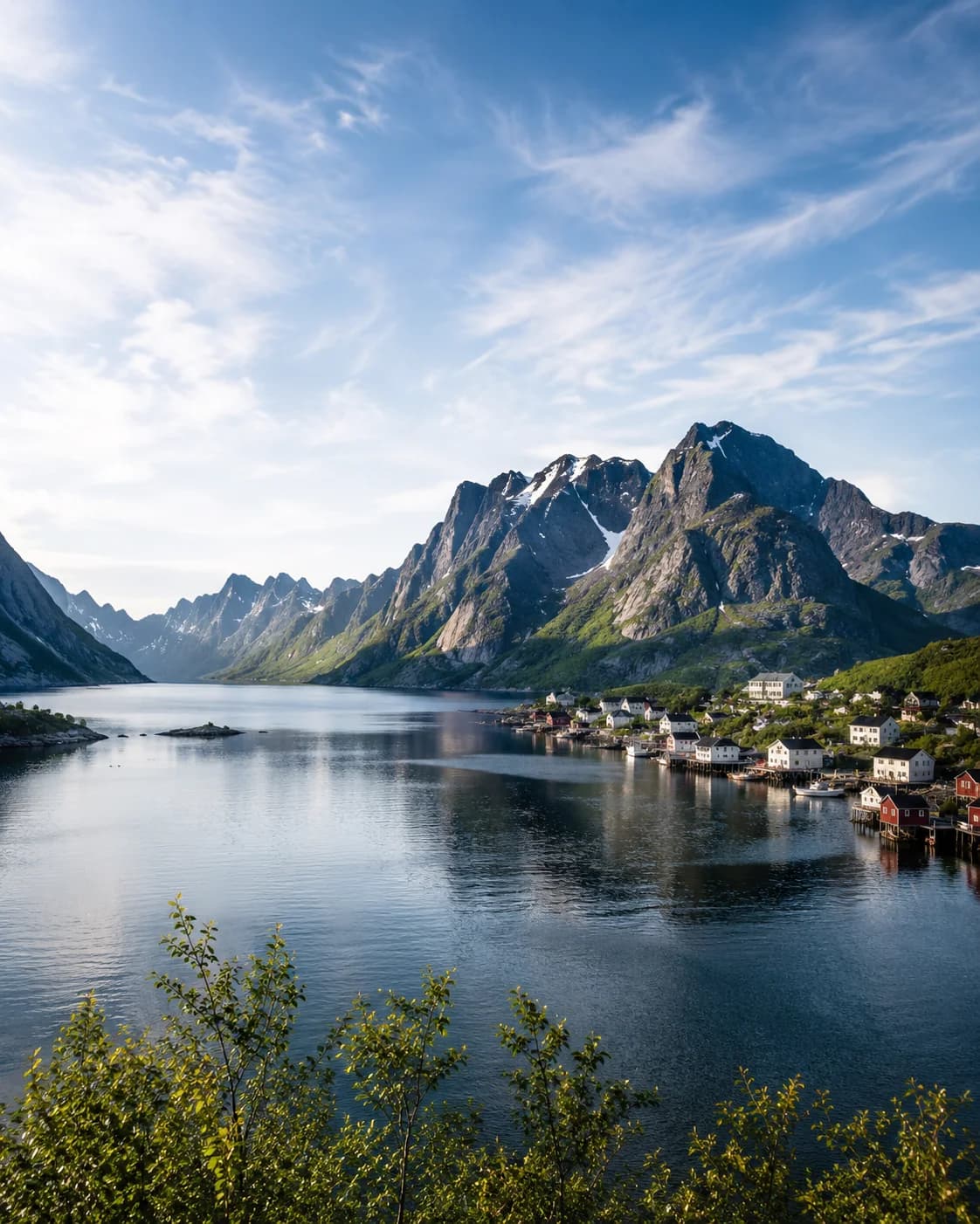 Norwegian fjord, mountain road and coastal settlement in natural daylight