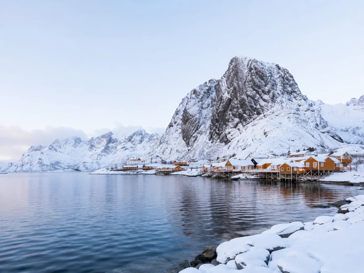 Snow-covered Norwegian coast in winter