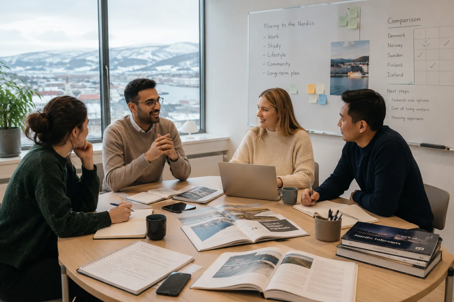 International professionals and students collaborating in a Nordic workspace