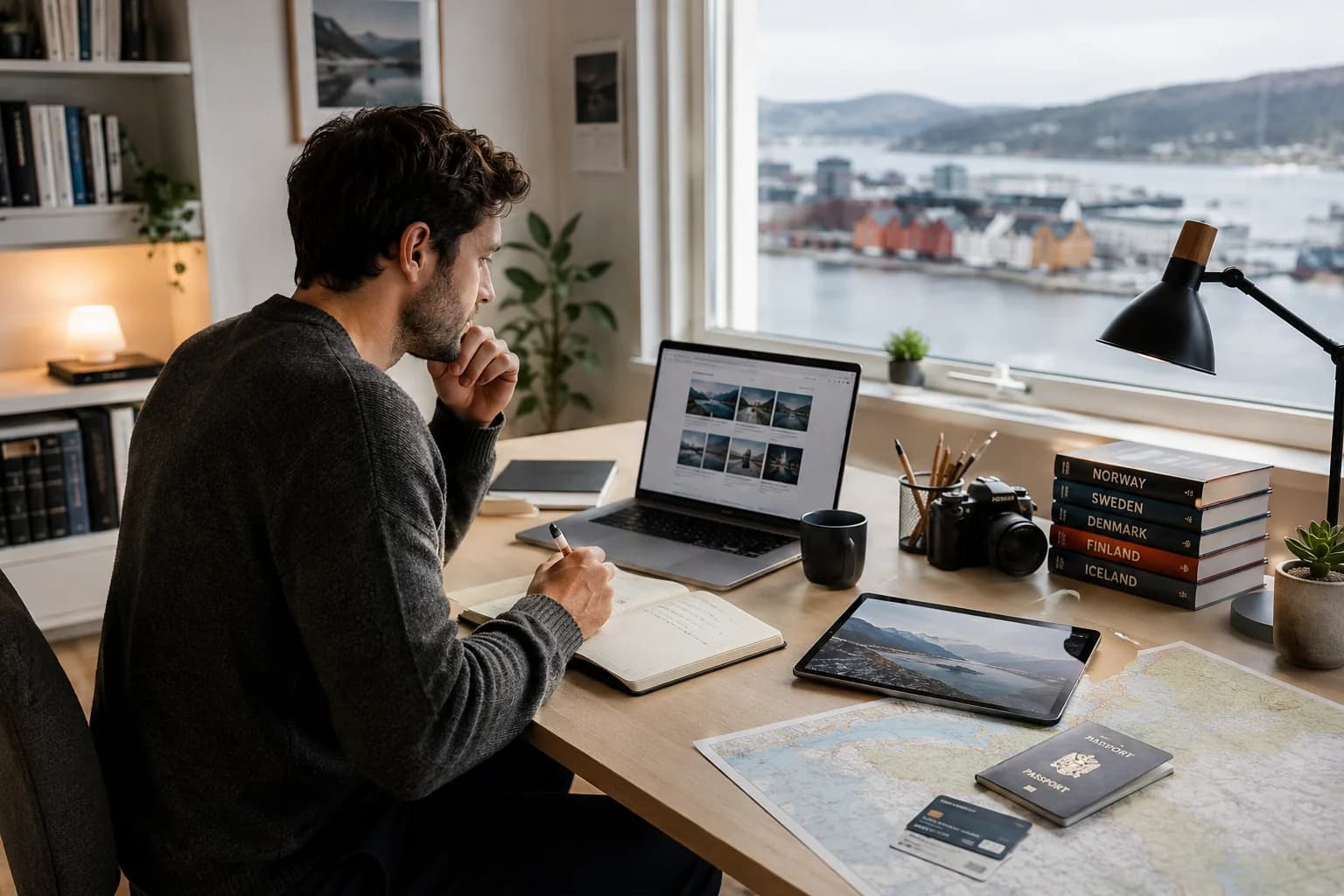 Nordic research desk with maps, reports and source notes