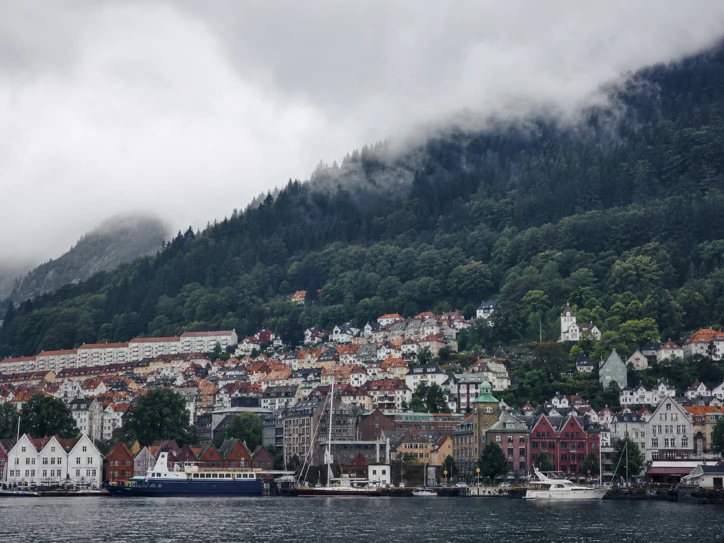 Bergen city and waterfront viewed in realistic west-coast weather