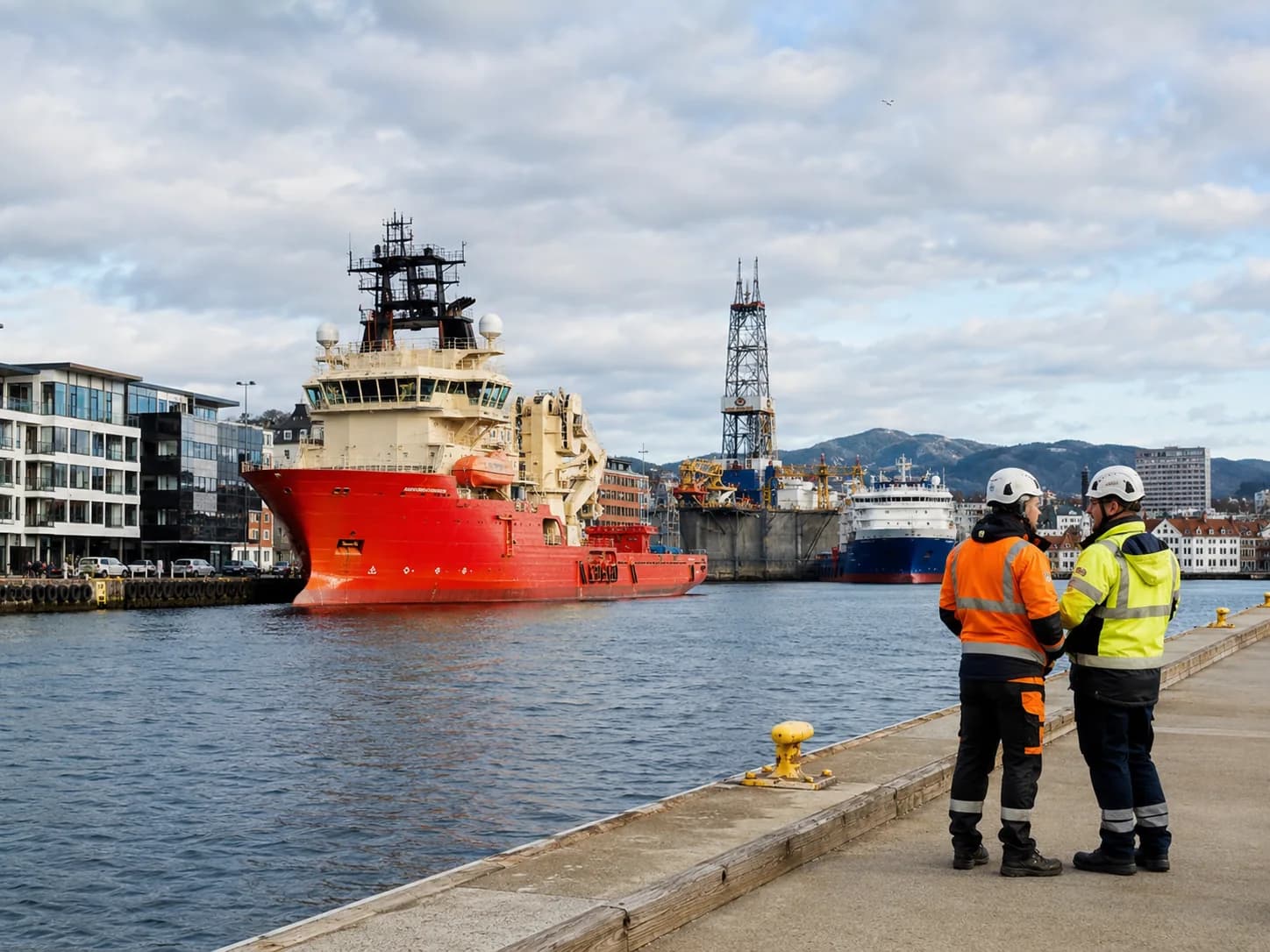 Workers in a Norwegian maritime and industrial harbour setting