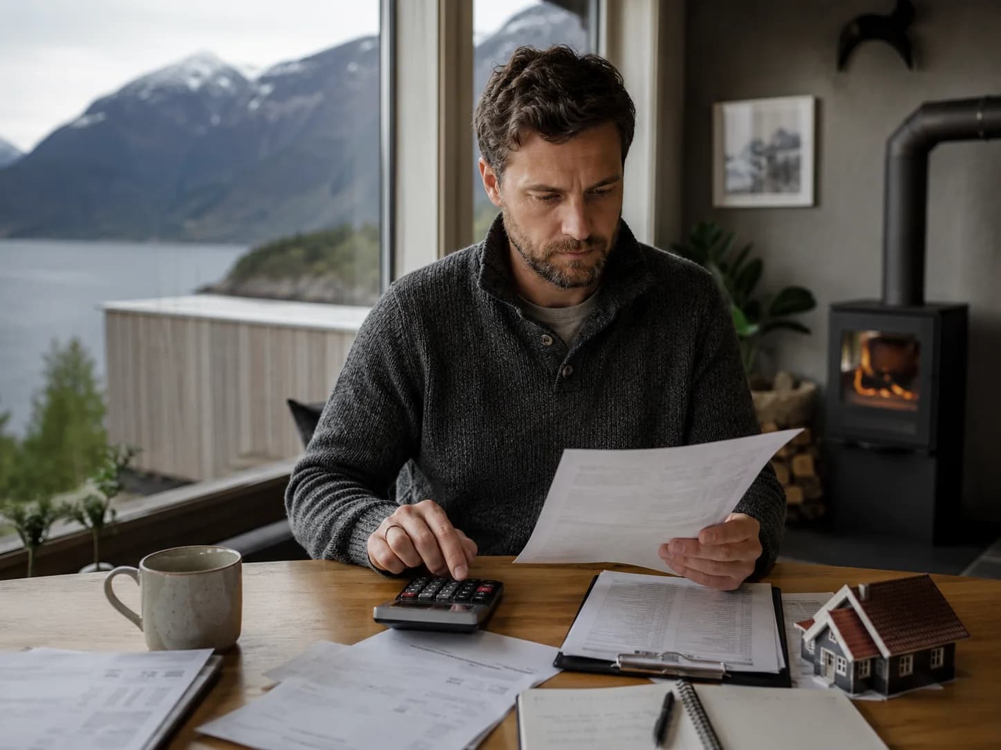 Professional calculating salary, rent and monthly costs in a Norwegian home