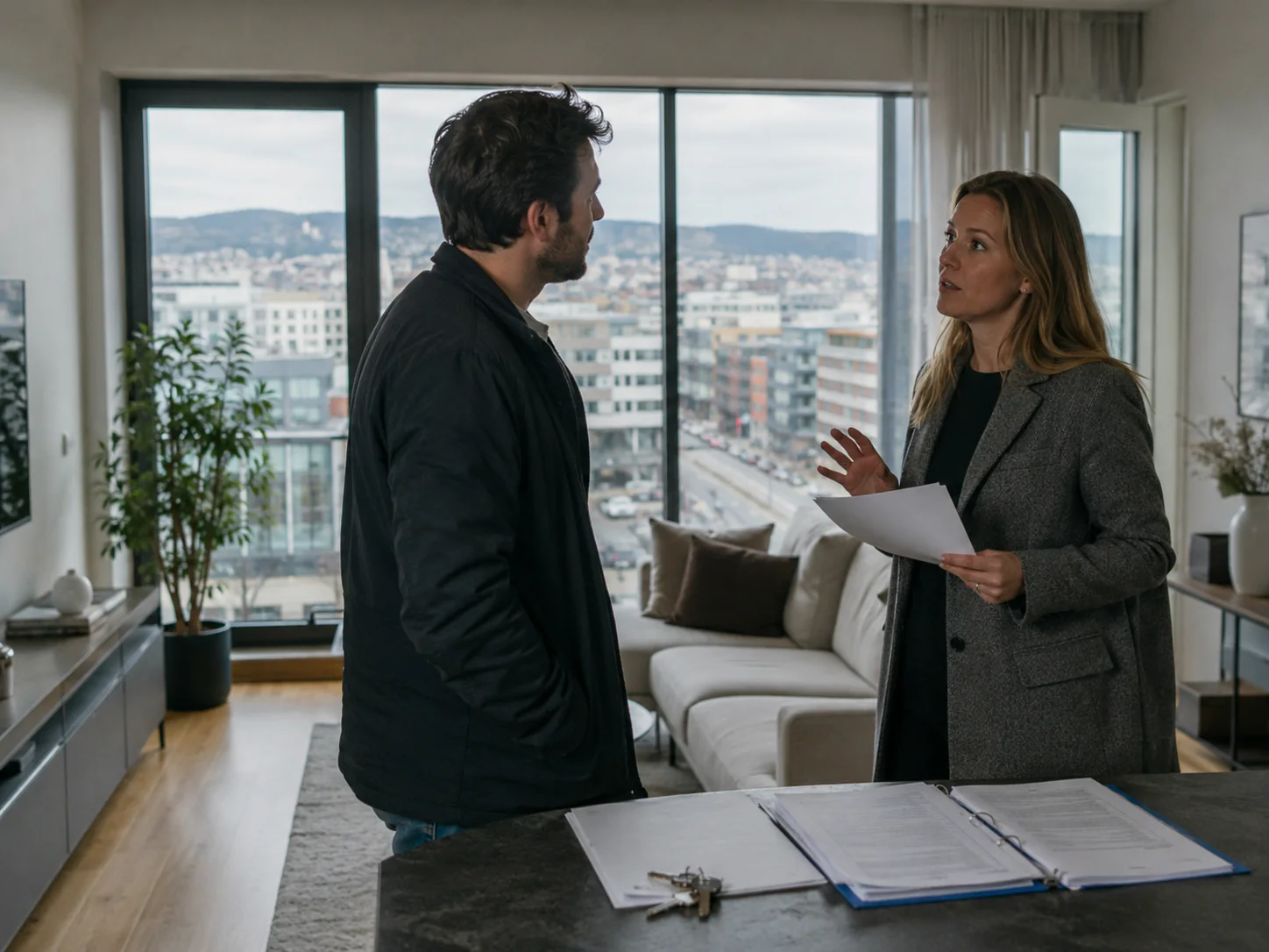 Couple reviewing an Oslo apartment with a housing professional