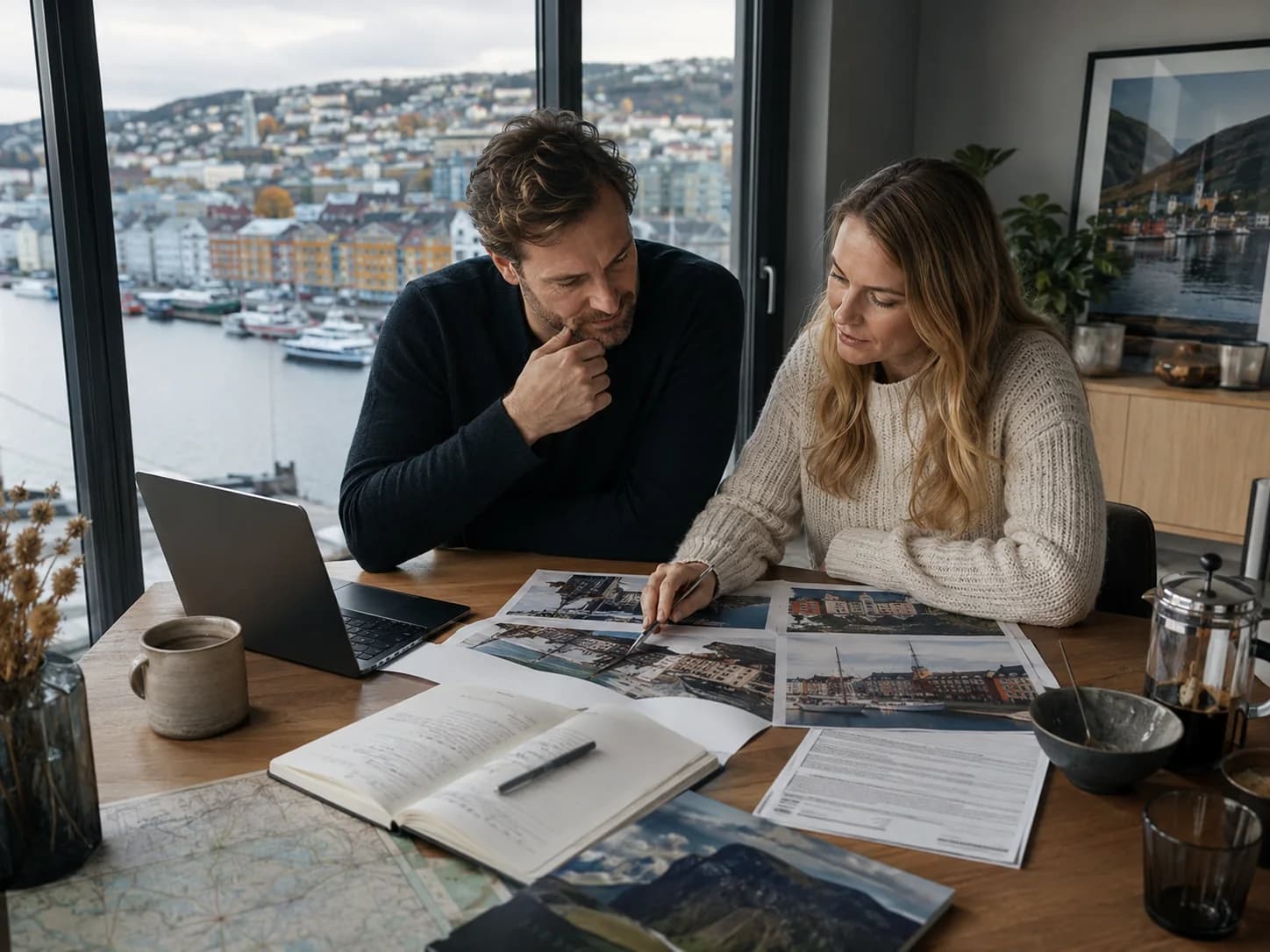 Couple comparing Norway and Denmark at a planning desk
