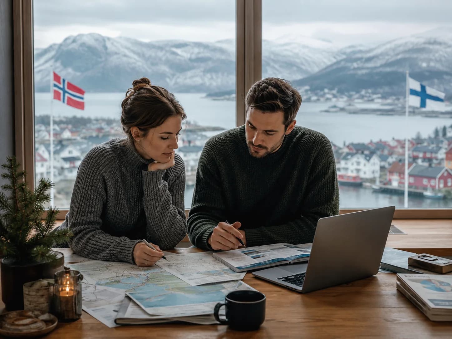 Couple comparing Nordic countries at a planning desk