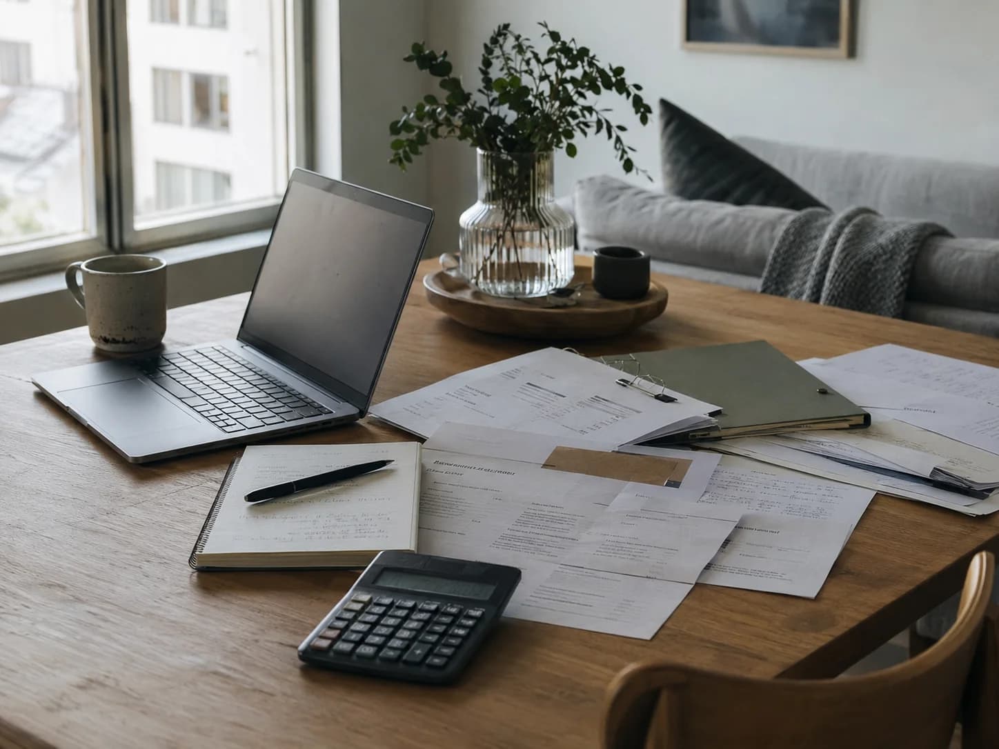 Nordic planning workspace with calculator and documents