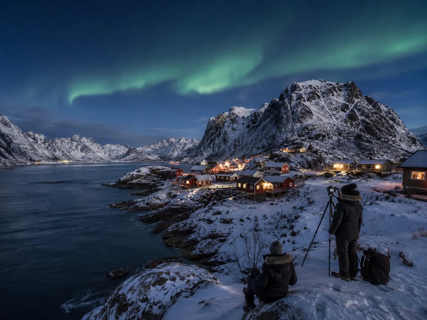 Northern lights above a Nordic winter settlement