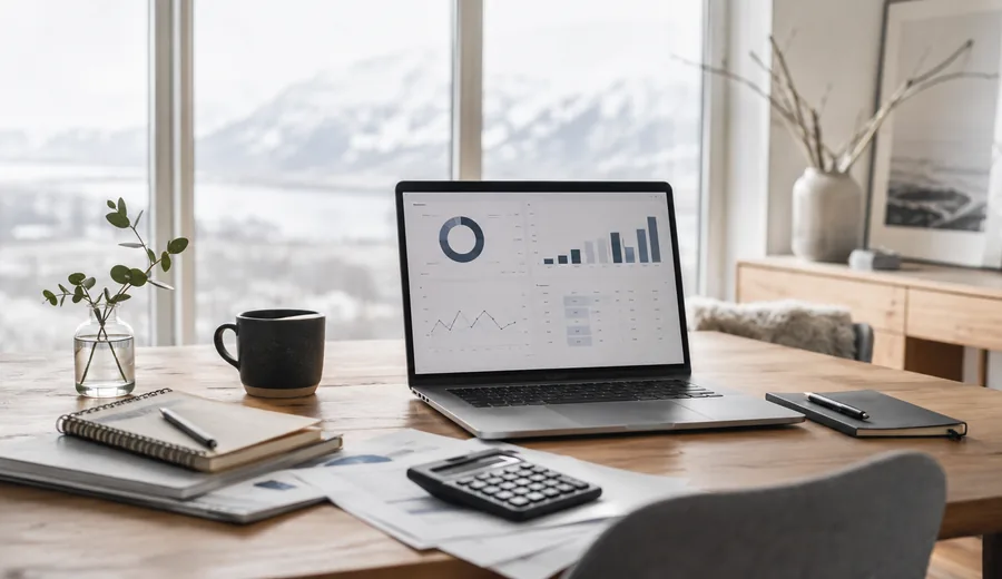 Calculator, laptop and notes arranged for take-home-pay planning