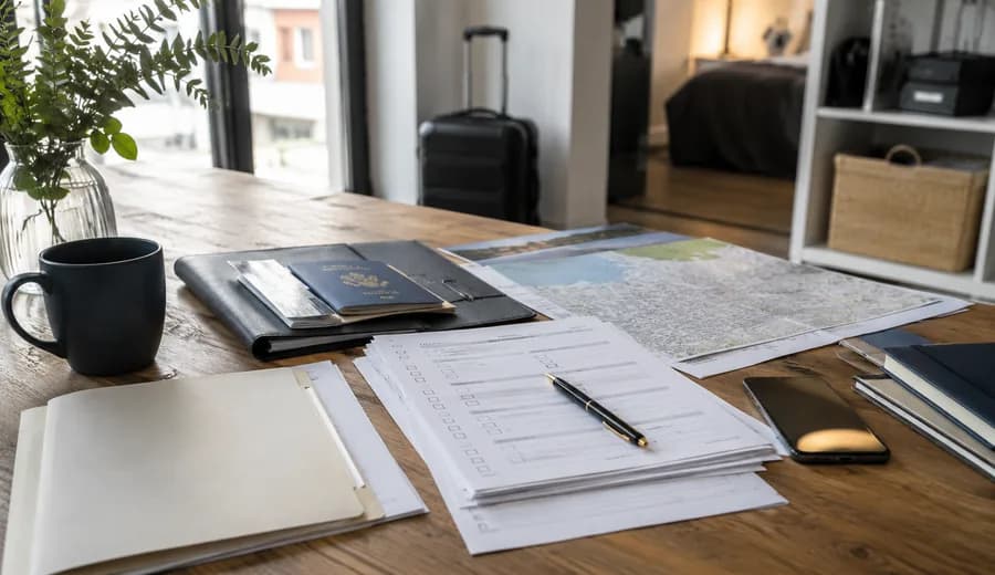 Organised documents, laptop and checklist for a newcomer's first month in Norway