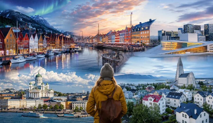 Collage of Nordic city scenes for comparing Oslo and Bergen as places to live